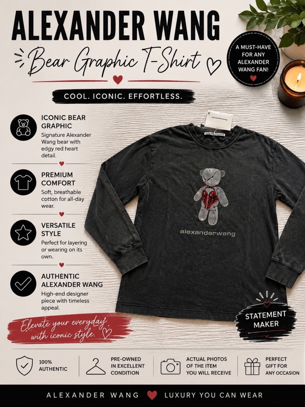 Alexander Wang Black Long Sleeve Bear Graphic T-Shirt